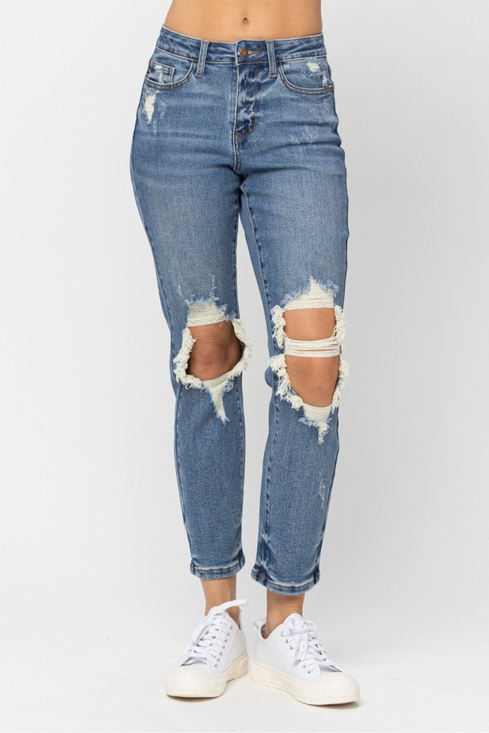 MEDIUM WASH HIGH WAIST DESTROYED BOYFRIEND FIT JUDY BLUE DENIM