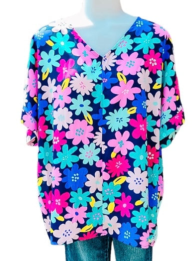 Blue Fuchsia Multi Floral Bold Top- PLUS- SALE- 2X & 3X AVAILABLE