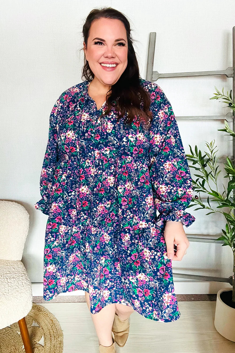 NAVY FLORAL BOW TIE BABYDOLL LONG SLEEVE RUFFLE DRESS- PLUS- 1X