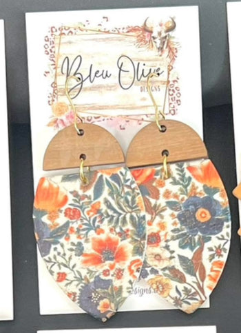 WARM TONED FLORAL PRINT WOODEN TWO TIER DROP HANDMADE EARRINGS BY B.O.D