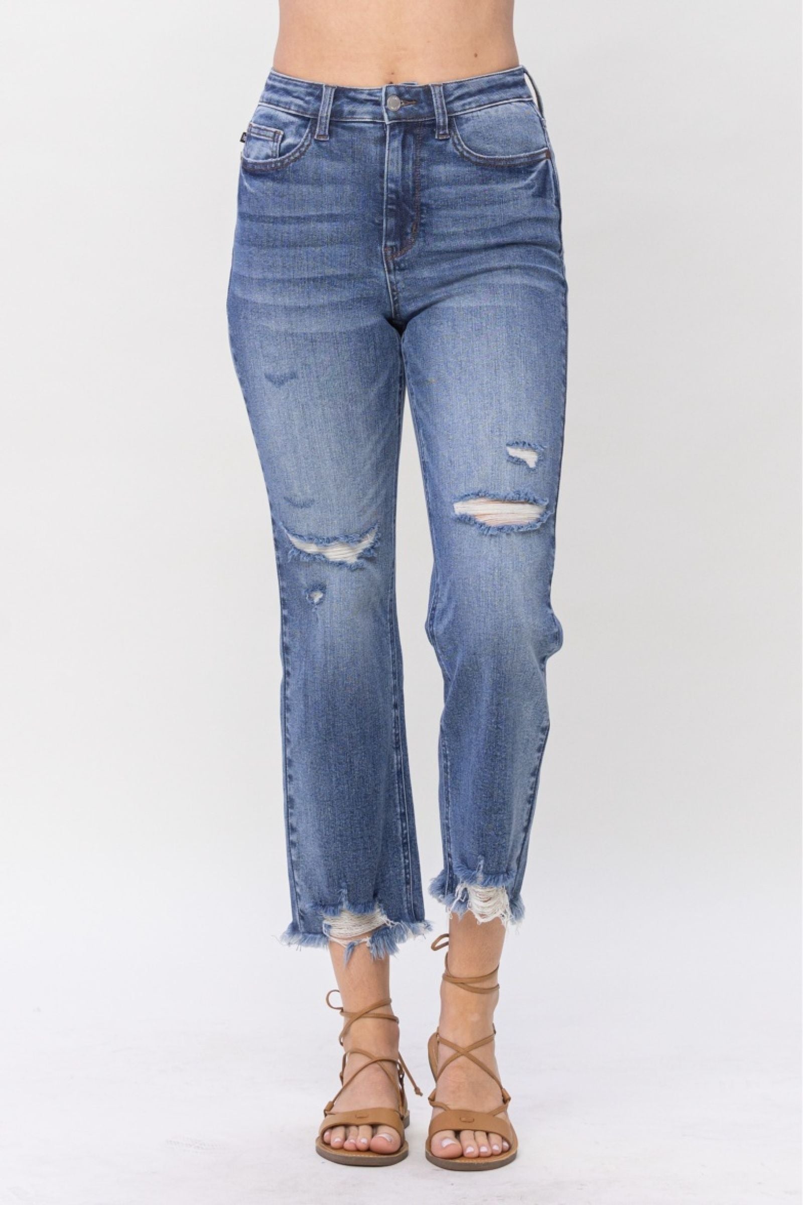 MEDIUM WASH HIGH WAIST DESTROYED CROPPED STRAIGHT JUDY BLUE DENIM-PLUS