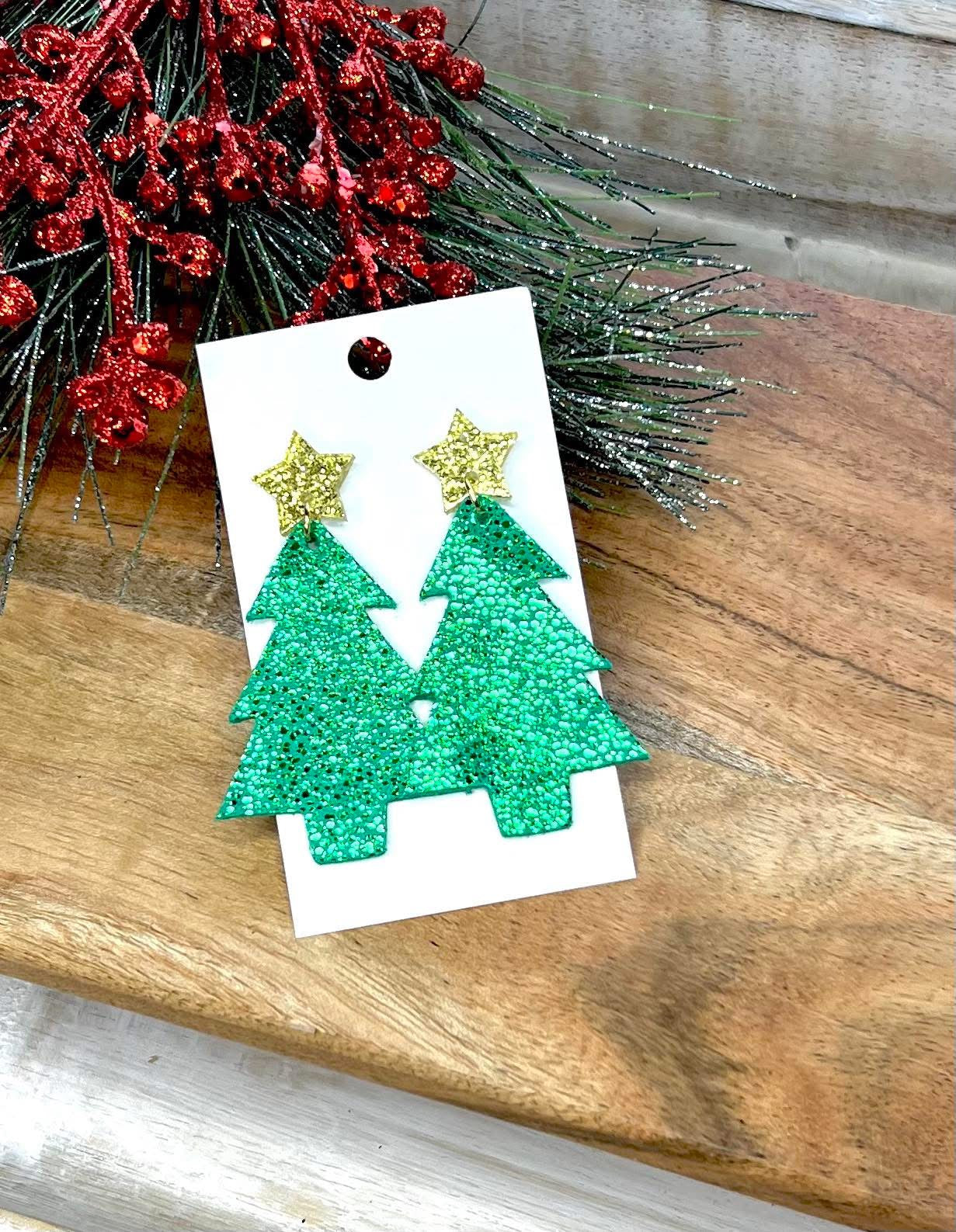 GREEN SHIMMERY CHRISTMAS TREES WITH GOLD GLITTER STARS HANDMADE EARRINGS BY B.O.D