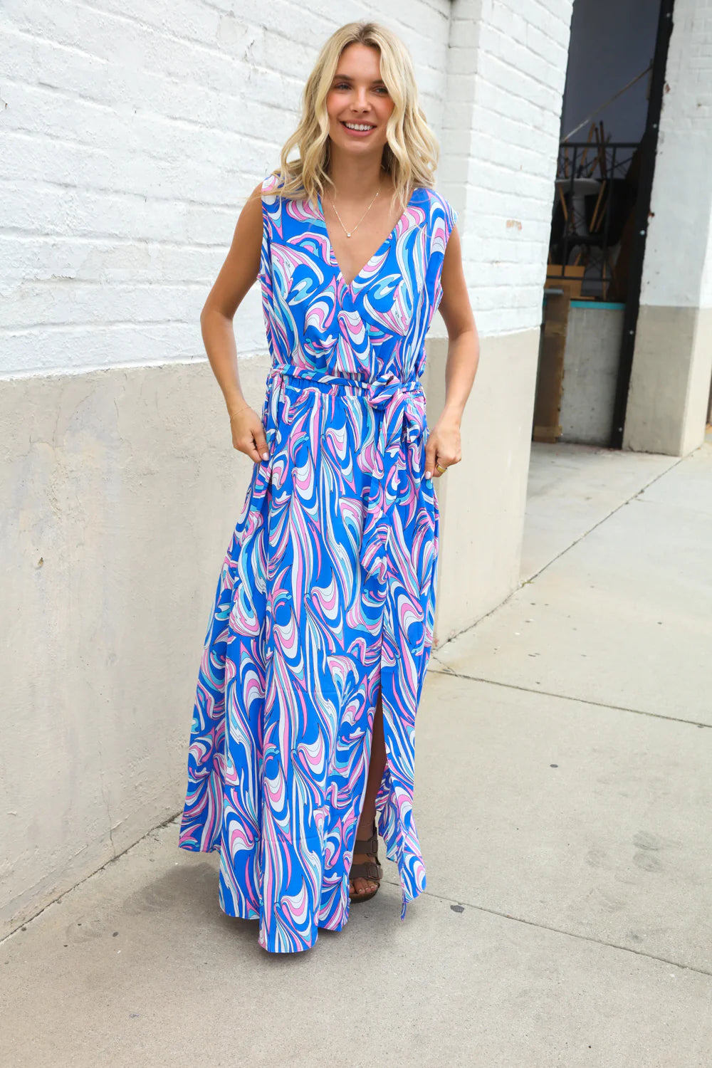 FLOWY PERIWINKLE BLUE MULTI ABSTRACT SIDE-SLIT MAXI DRESS-PLUS