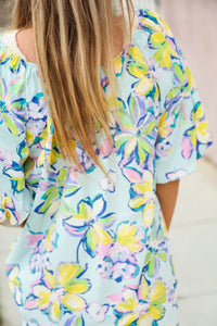 AQUA YELLOW GREEN BLUE FLORAL BUBBLE SLEEVE TOP