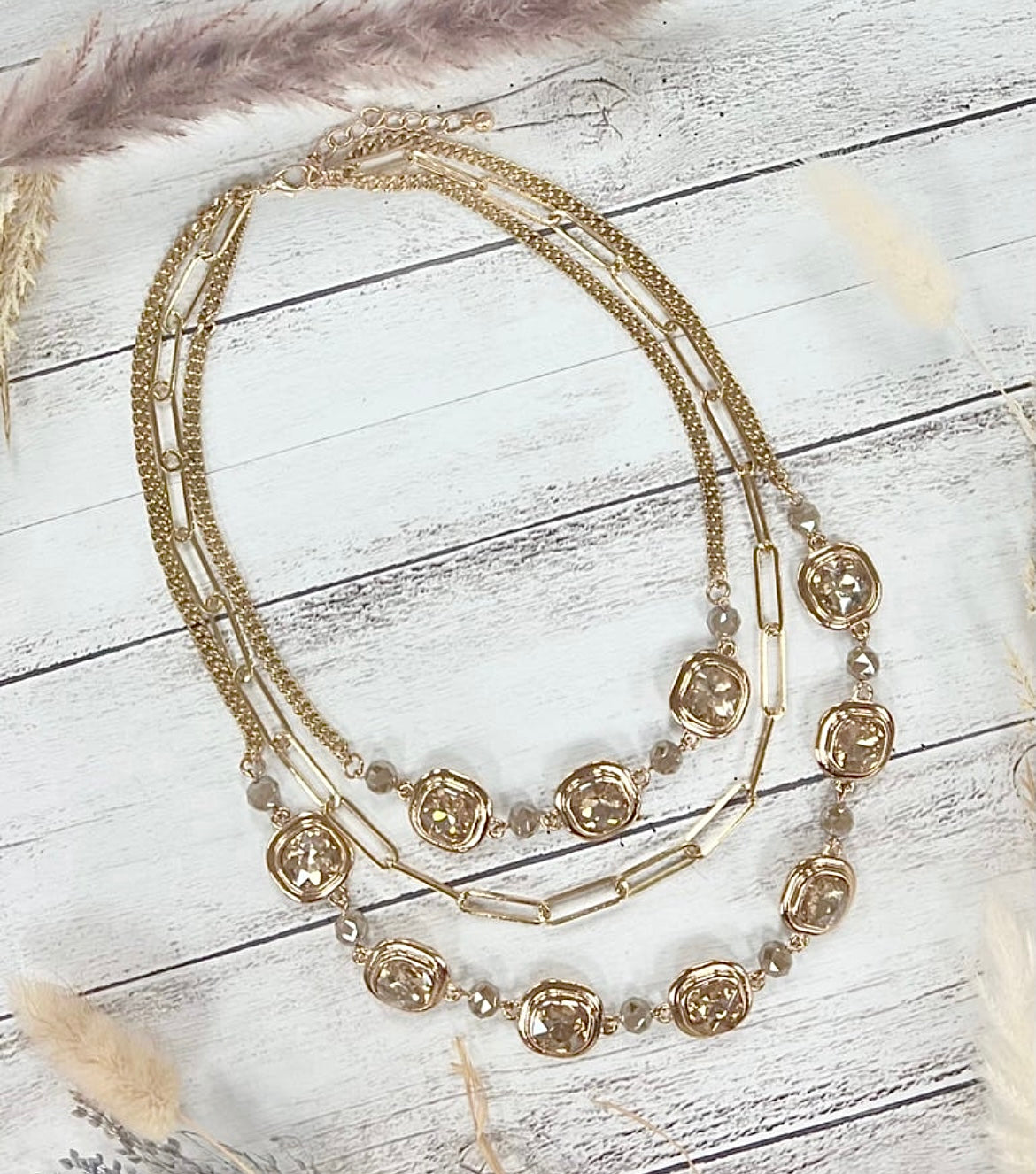 GLEAMING GOLD SYMPHONY LAYERED GEMSTONE NECKLACE