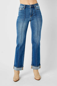 MEDIUM WASH HIGH WAIST FRONT SEAM DETAIL & CUFFED STRAIGHT JUDY BLUE DENIM