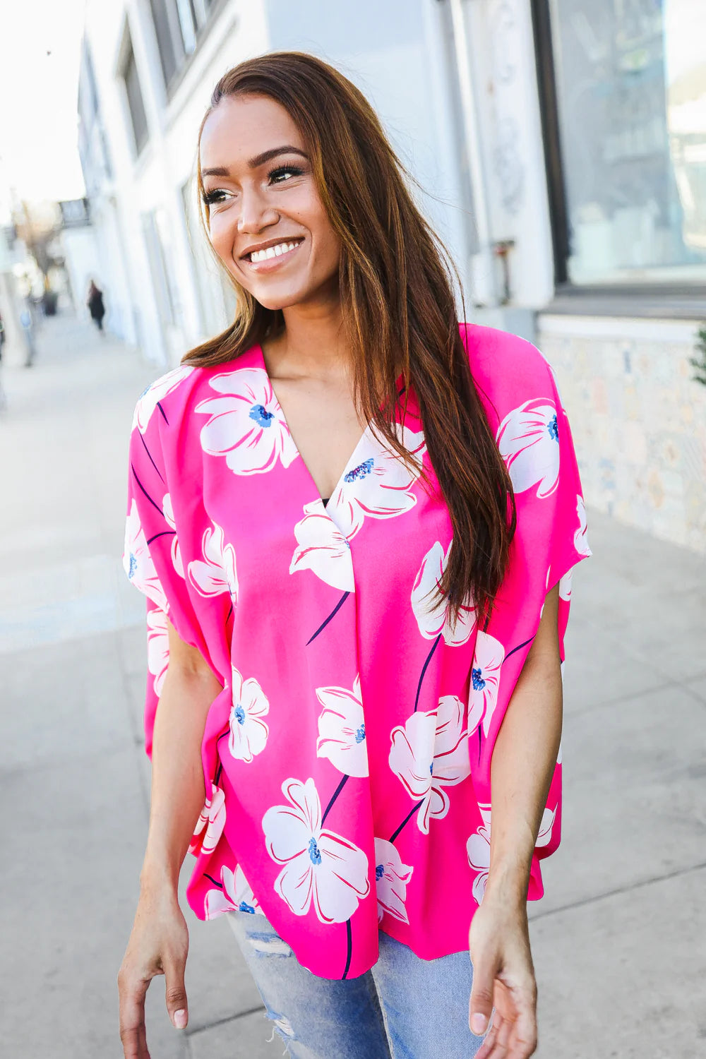 FUCHSIA FLORAL WOVEN VNECK DOLMAN TOP-PLUS