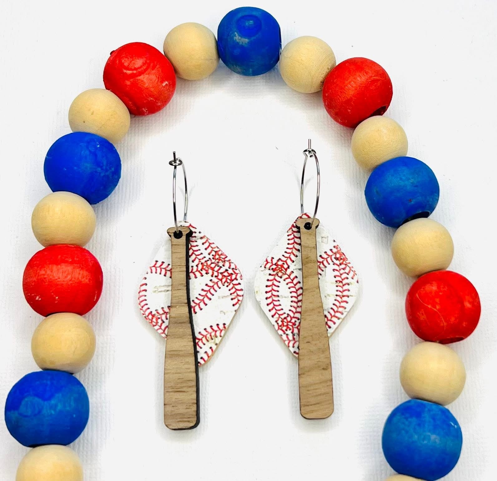 SPORTS DIAMOND SHAPE WITH WOODEN BASEBALL BAT DANGLY HOOPS HANDMADE LEATHER EARRINGS BY B.O.D