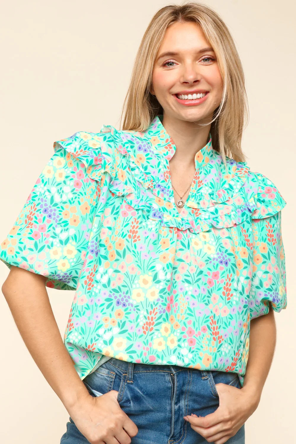 MINT COLOR MULTI SPRING FLORAL NOTCH NECK PUFF SLEEVE TOP