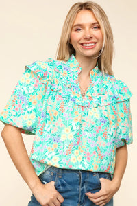 MINT COLOR MULTI SPRING FLORAL NOTCH NECK PUFF SLEEVE TOP