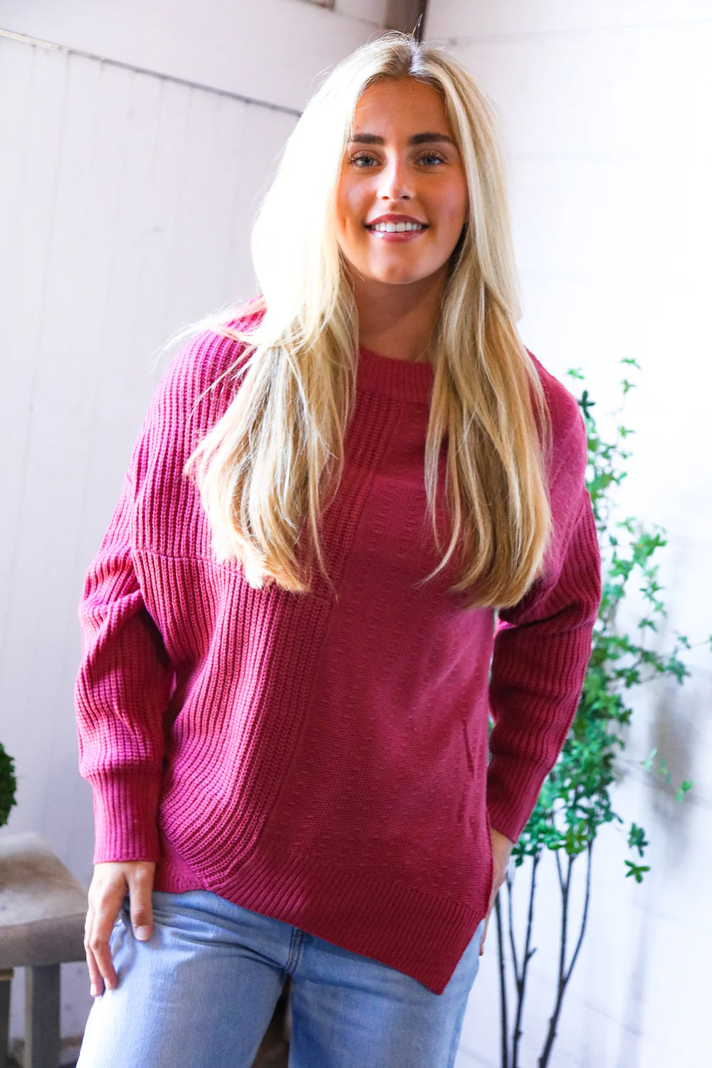 SOLID MAUVE/MAROON/MARSALA OVERSIZED SLOUCHY SWEATER-PLUS