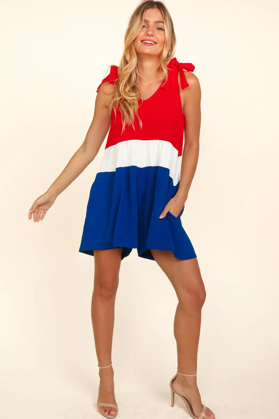 VNECK RWB BOW TIED SHOULDER PATRIOTIC ROMPER- SALE