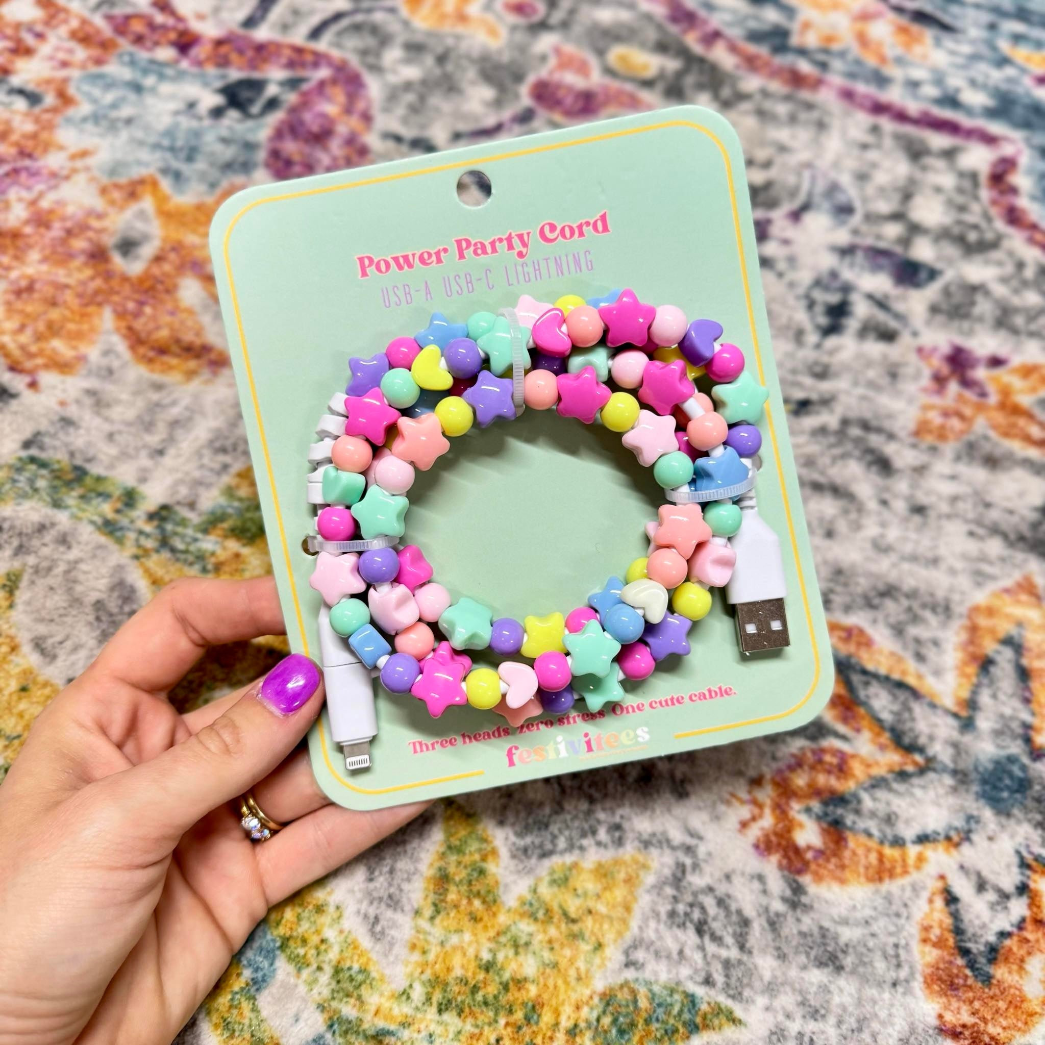 FANCY SMANCY BEADED CHARGING CABLES (USB-A TO DUAL USB-C / LIGHTENING 3 FOOT