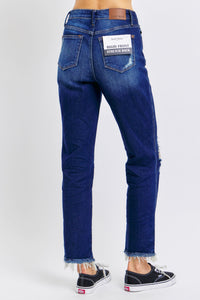 HIGH WAIST RIGID MAGIC HEAVY DESTROYED STRAIGHT DARKWASH JUDY BLUE DENIM