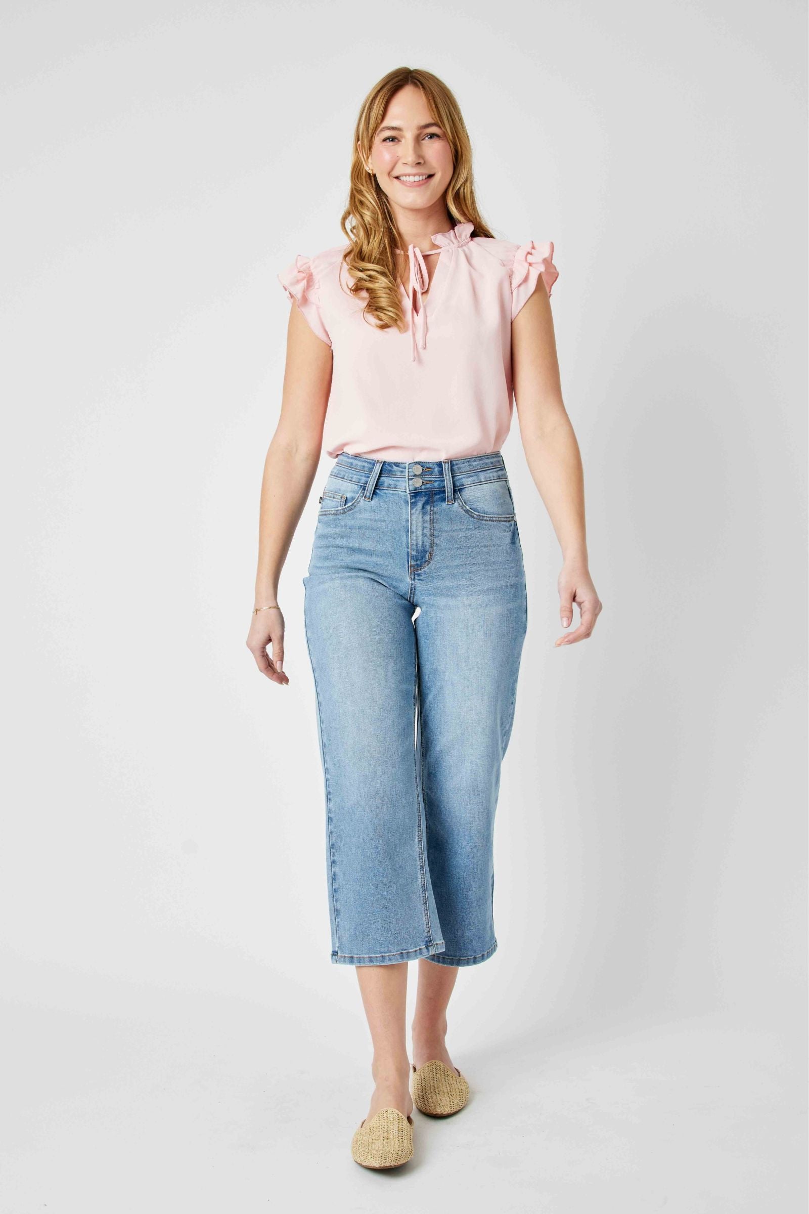 MEDIUM WASH HIGH WAIST DOUBLE WAISTBAND CROPPED WIDE LEG JUDY BLUE DENIM-PLUS