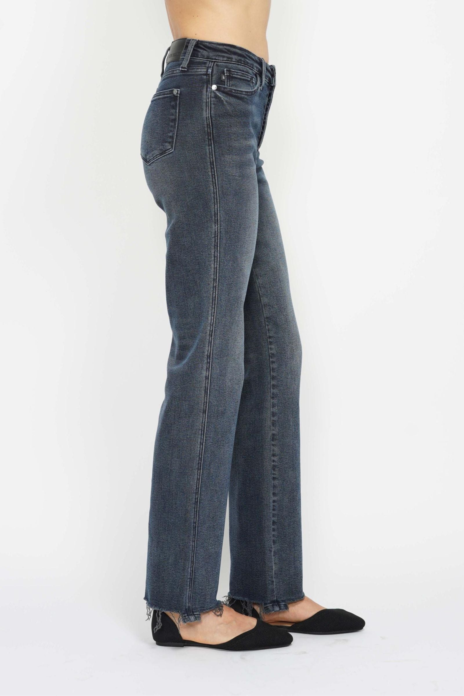 DARK WASH HIGH WAIST BUTTON FLY DESTROYED HEM STRAIGHT LEG JUDY BLUE DENIM