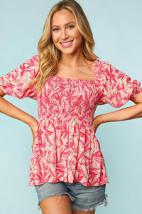 FUCHSIA FLORAL SMOCKED FIT & FLARE BUBBLE BABYDOLL TOP-PLUS
