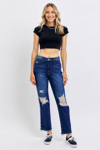 HIGH WAIST RIGID MAGIC HEAVY DESTROYED STRAIGHT DARKWASH JUDY BLUE DENIM