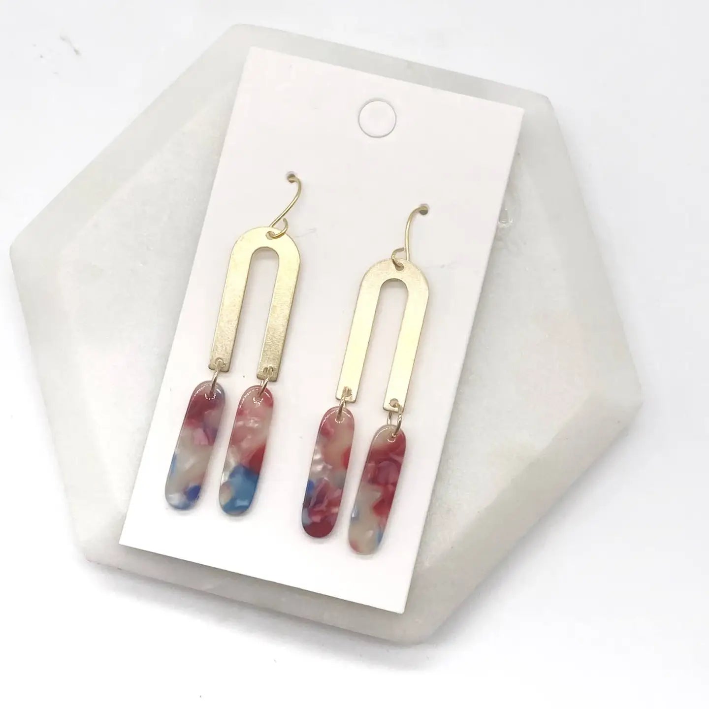 PINK CORAL BLUE ACRYLIC DANGLY GOLD OBLONGATED ARCH HANDMADE BBB EARRINGS