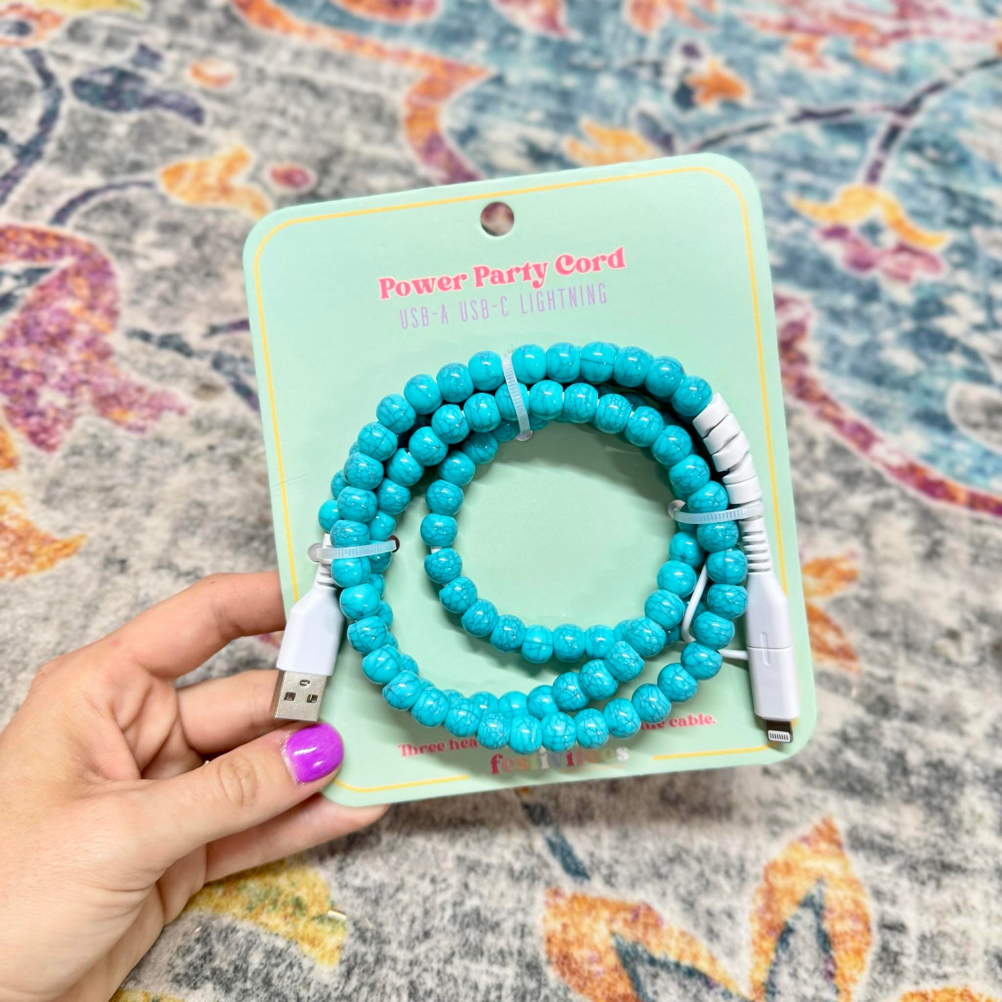 FANCY SMANCY BEADED CHARGING CABLES (USB-A TO DUAL USB-C / LIGHTENING 3 FOOT