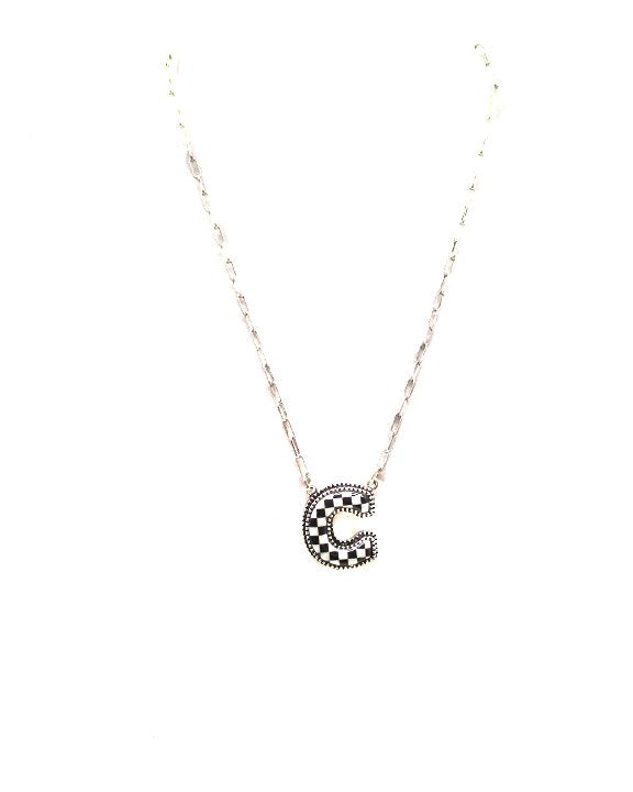 CHECKERED BUBBLE INITIAL BLACK & WHITE ON SILVER CHAIN WITH 18" + 3" EXTENDER NECKLACE