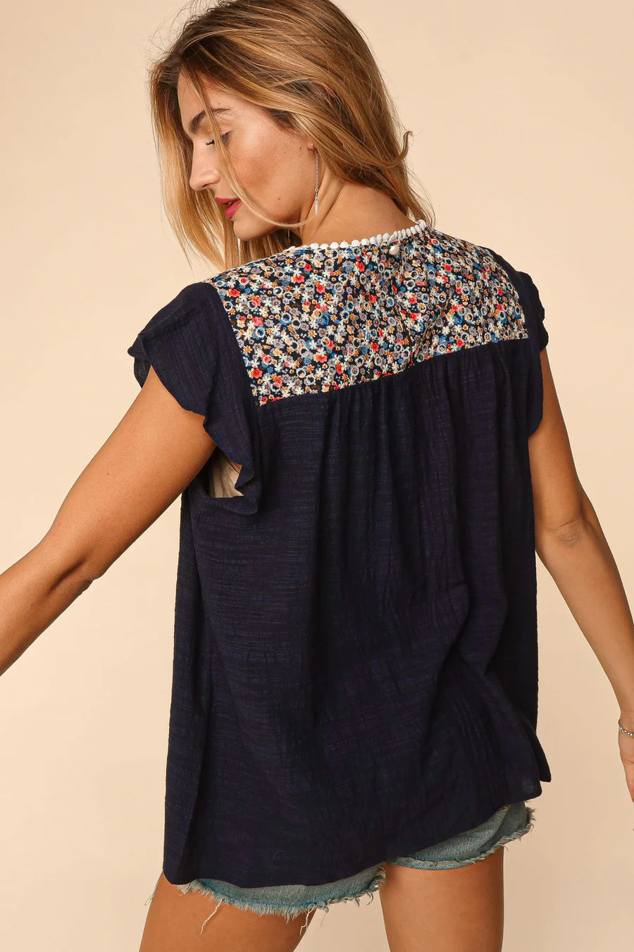 NAVY FLORAL EMBROIDERED YOKE WOVEN TOP-PLUS