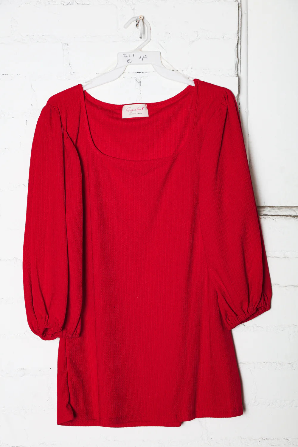 RED TEXTURED BUBBLE SLEEVE SQUARE NECK TOP-PLUS