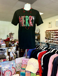 BLACK MERRY SEQUIN APPLIQUED HANDMADE CHRISTMAS TEE