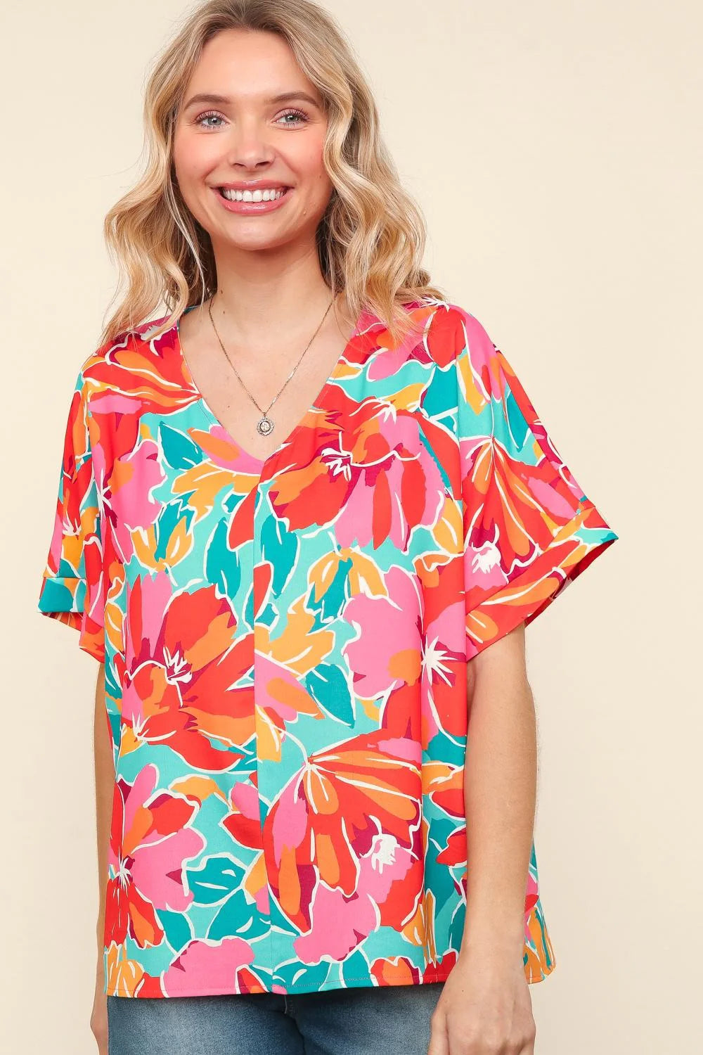 AQUA FUCHSIA FLORAL WOVEN DOLMAN BLOUSE