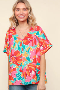 AQUA FUCHSIA FLORAL WOVEN DOLMAN BLOUSE