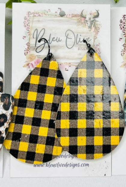 YELLOW & BLACK CHECKERED PLAID TEARDROP LEATHER HANDMADE EARRINGS BY B.O.D