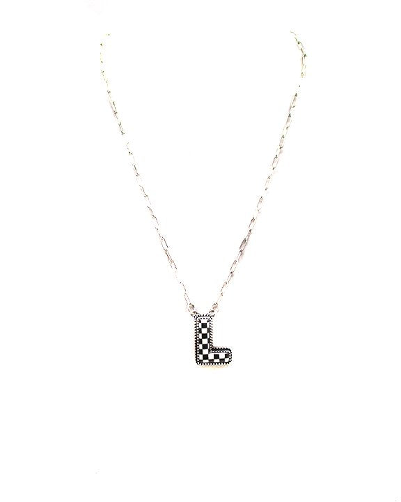 CHECKERED BUBBLE INITIAL BLACK & WHITE ON SILVER CHAIN WITH 18" + 3" EXTENDER NECKLACE