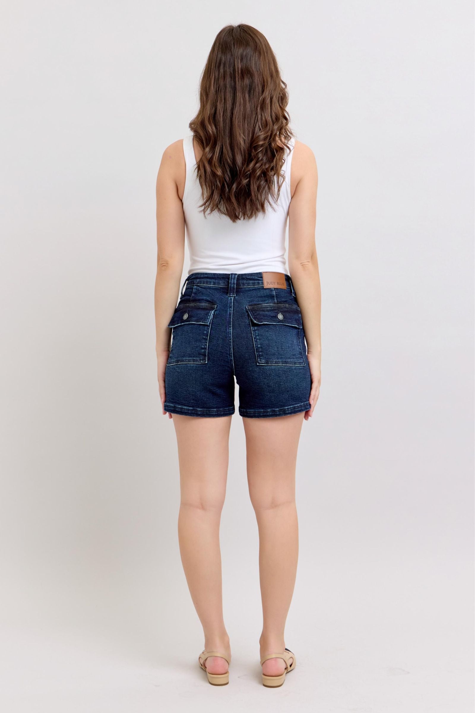 MEDIUM BLUE HIGH WAIST BACK FLAP POCKETED SHORTS JUDY BLUE DENIM-PLUS