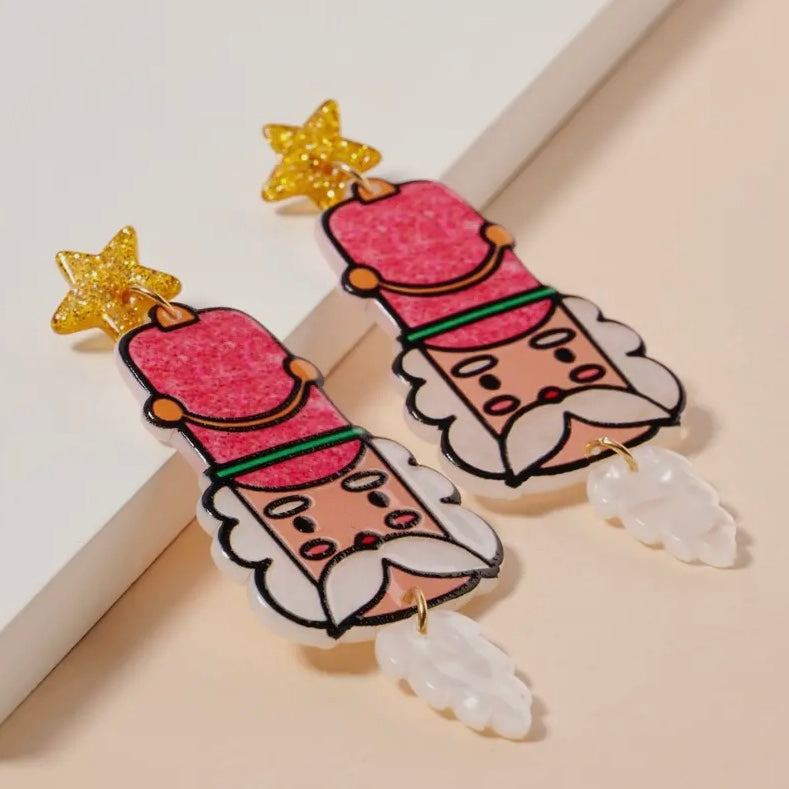 PINK CHRISTMAS NUTCRACKER FACE DANGLING ACRYLIC EARRINGS