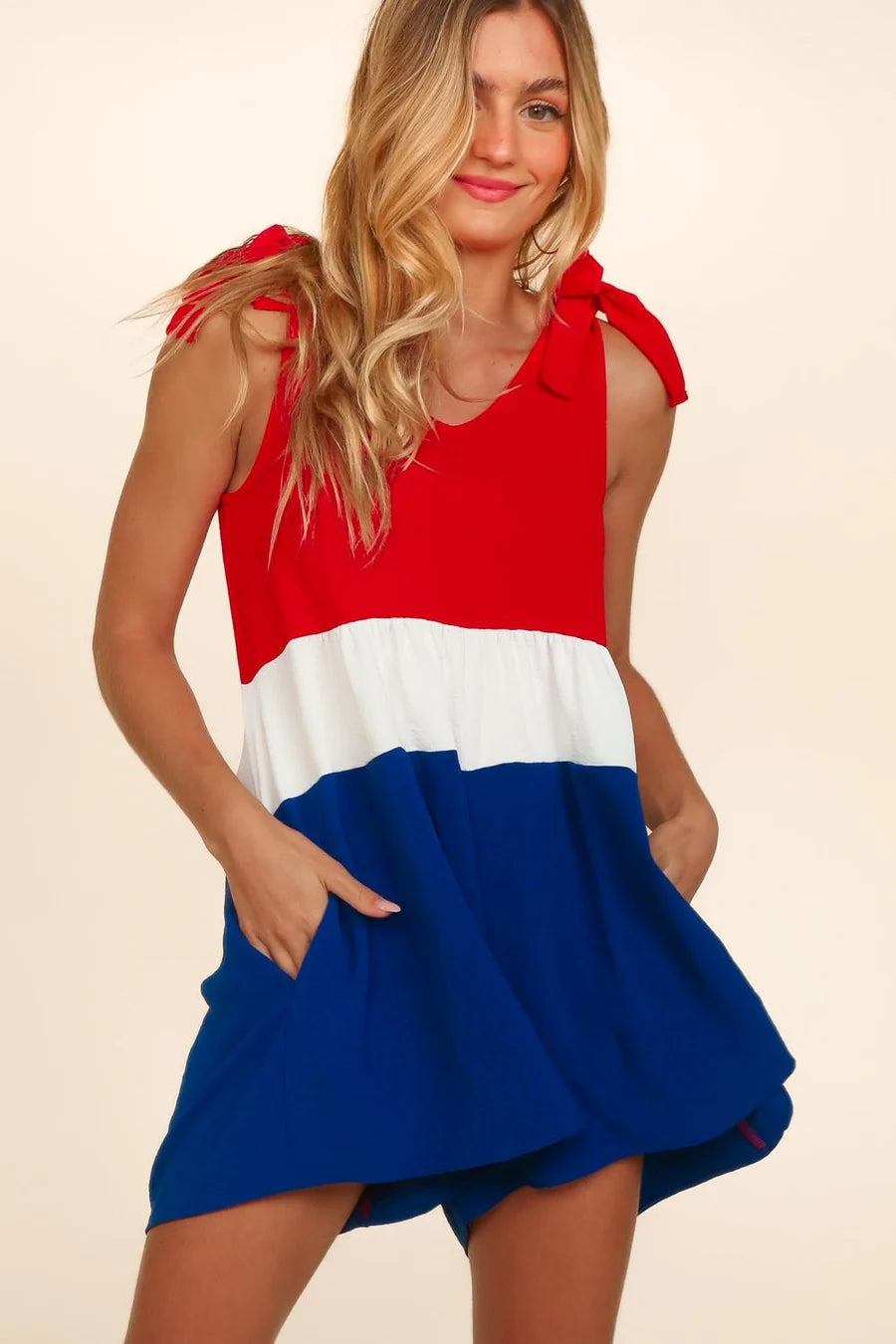 VNECK RWB BOW TIED SHOULDER PATRIOTIC ROMPER- SALE