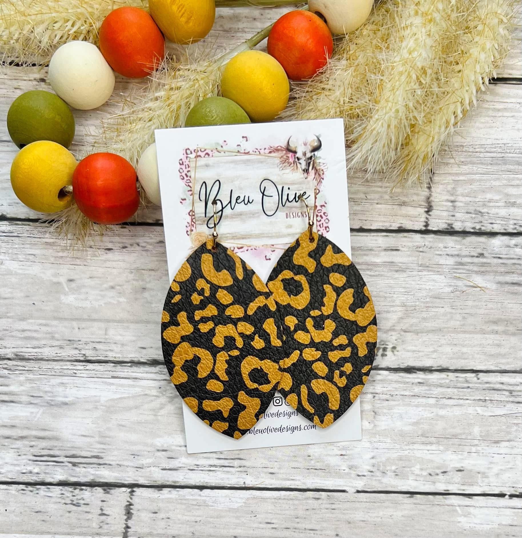 BLACK COGNAC LEOPARD DIAMOND SHAPE LEATHER HANDMADE EARRINGS BY B.O.D