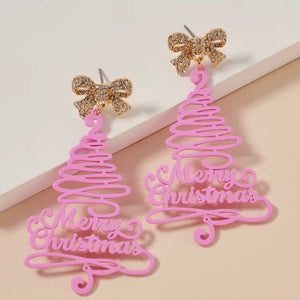 PINK TREE MERRY CHRISTMAS DANGLY EARRINGS