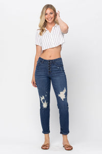 Darkwash High Waist Zig Zag Button Fly Destroyed Boyfriend Judy Blue Denim