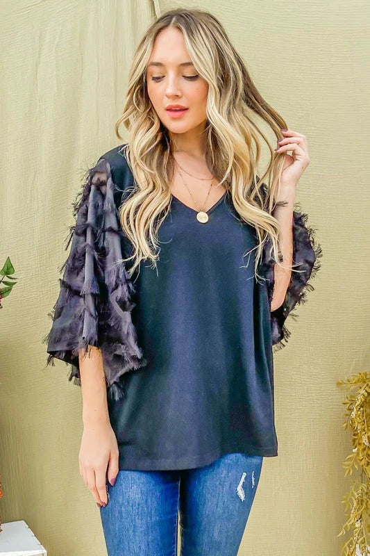 BLACK WOVEN EMBELLISHED FLUFFY SLEEVE WITH RUFFLES BLOUSE-PLUS