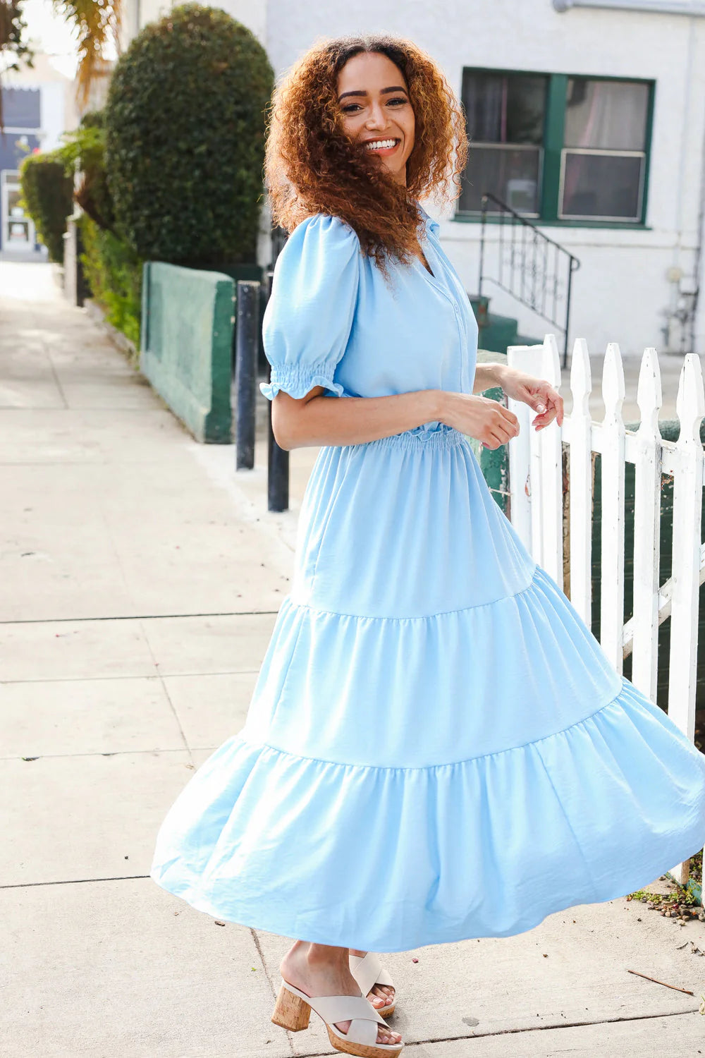 BABY BLUE PERIWINKLE FRILLY NOTCH NECK SHIRRED WAIST TIERED MAXI DRESS