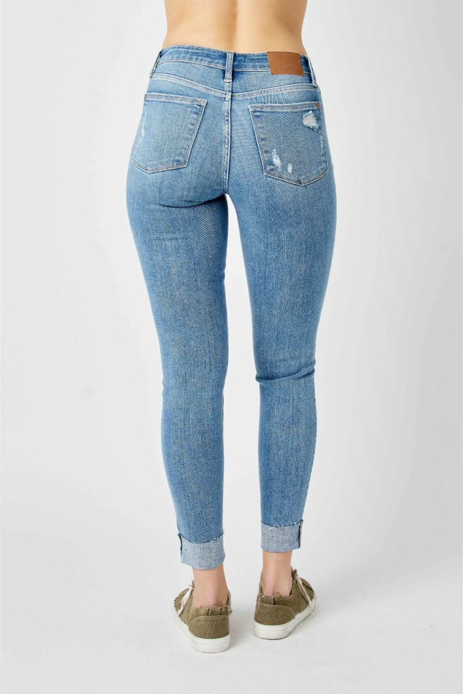 SKINNY MEDIUM WASH MID RISE DESTROYED CUFFED JUDY BLUE DENIM