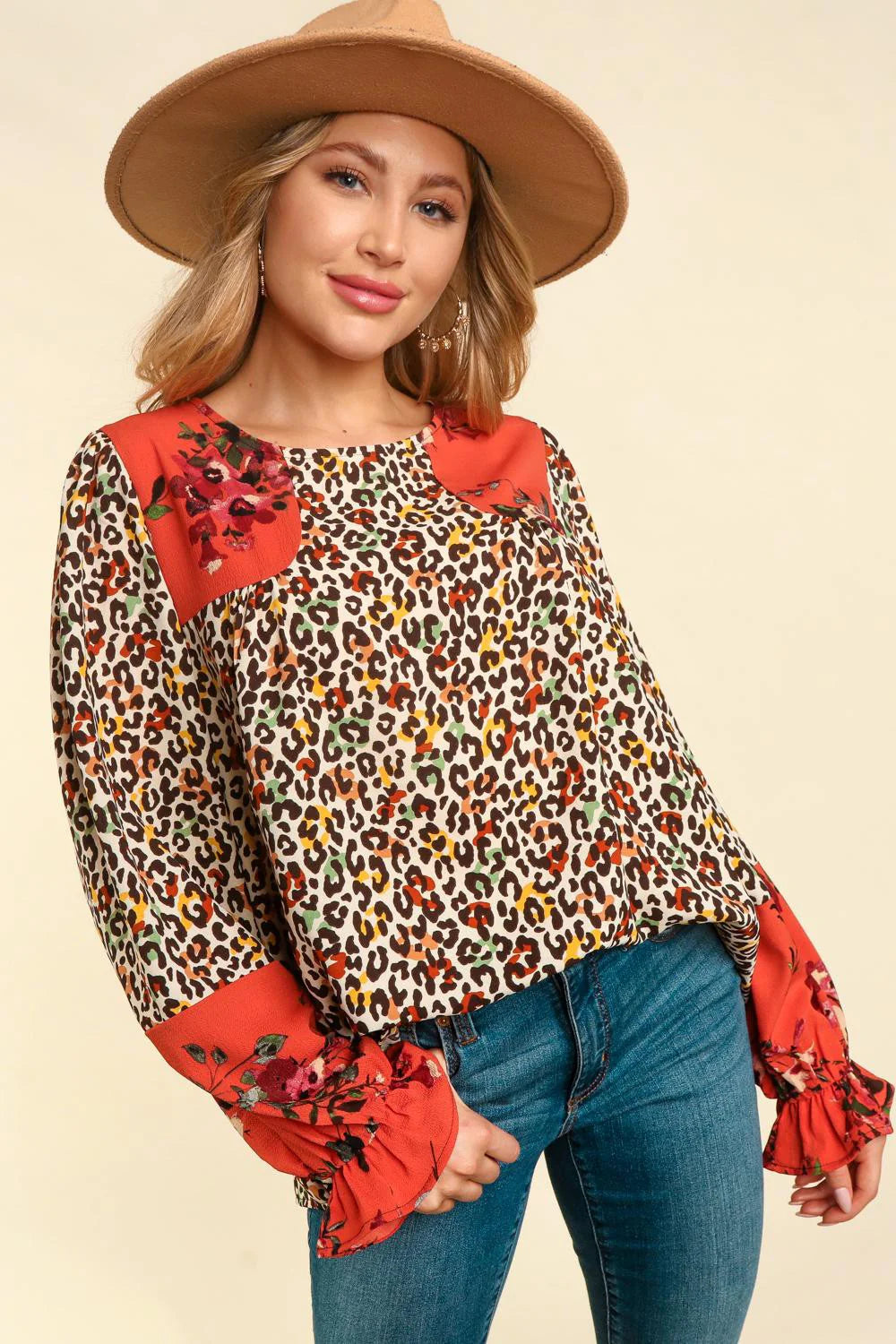 RUST MUSTARD ANIMAL PRINT COLORBLOCK FORAL BLOUSE