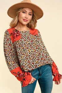 RUST MUSTARD ANIMAL PRINT COLORBLOCK FORAL BLOUSE