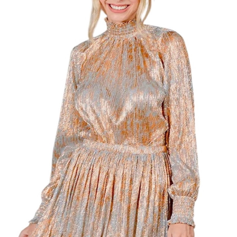ROSE GOLD METALLIC MOCK NECK PLEATED LONG SLEEVE BLOUSE- SALE
