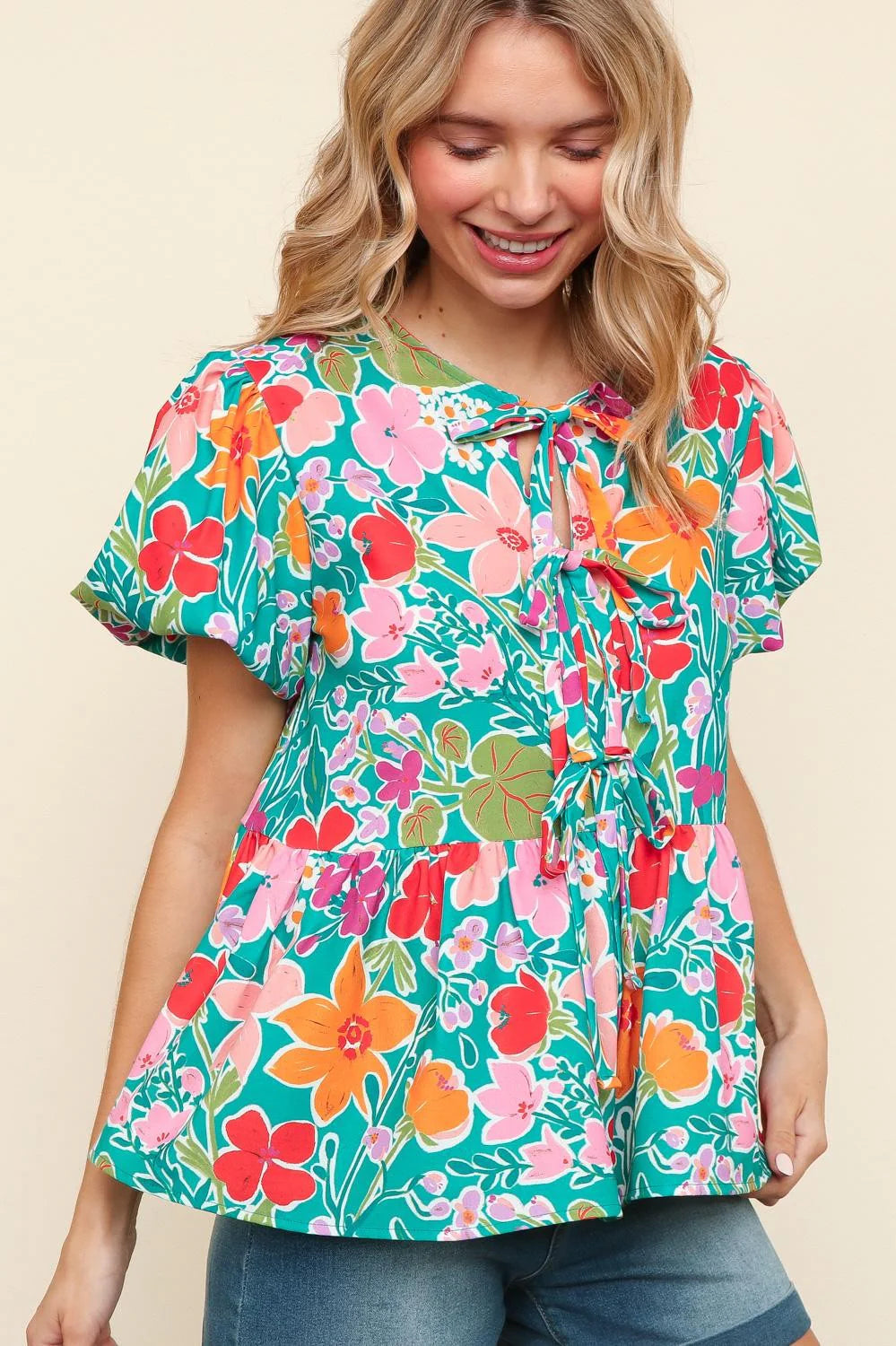 AQUA COLORFUL RIBBON BOW FLORAL WOVEN BLOUSE- PLUS- SALE