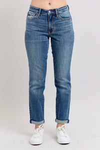 MID RISE VINTAGE WASH DARK WASH NON DESTROY BOYFRIEND FIT JUDY BLUE DENIM-PLUS