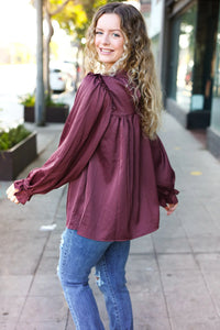 WINE MARSALA BE YOUR BEST SATIN SHIRRED YOKE FRILLY MOCK NECK BLOUSE