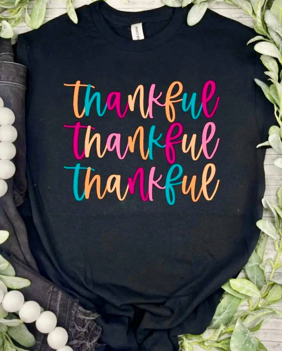 COLORFUL MULTI THANKFUL GILDAN SOFT STYLE BLACK TEE- SALE