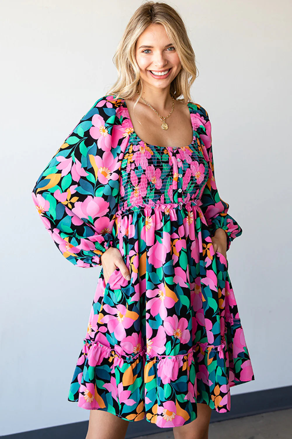 BLACK HOT PINK ORANGE GREEN BLUE FLORAL PRINT SMOCKED FIT & FLARE DRESS