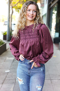 WINE MARSALA BE YOUR BEST SATIN SHIRRED YOKE FRILLY MOCK NECK BLOUSE